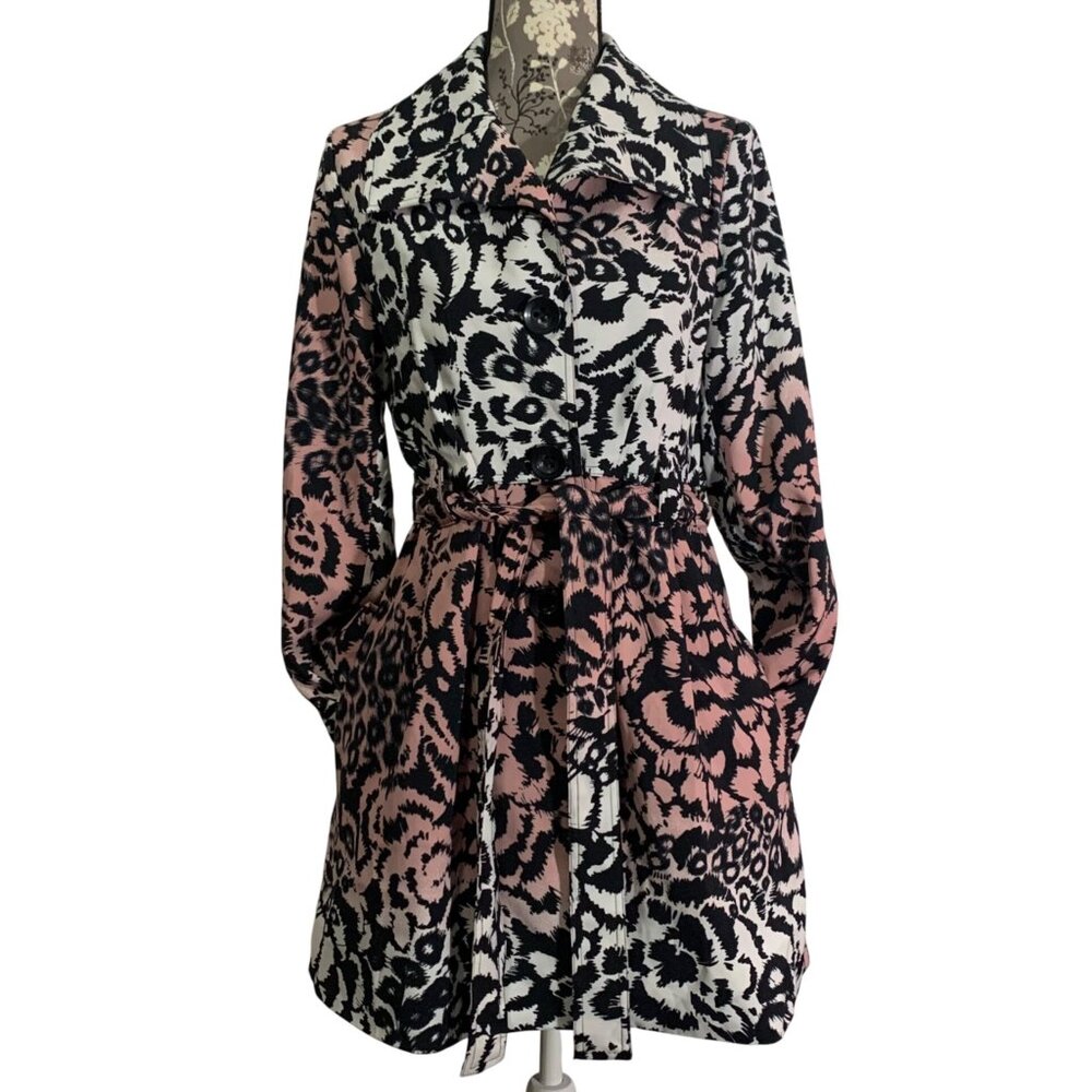GRASS COLLECTION Pink Cheetah Mid-Length Belted Trench Coat Womens SZ M